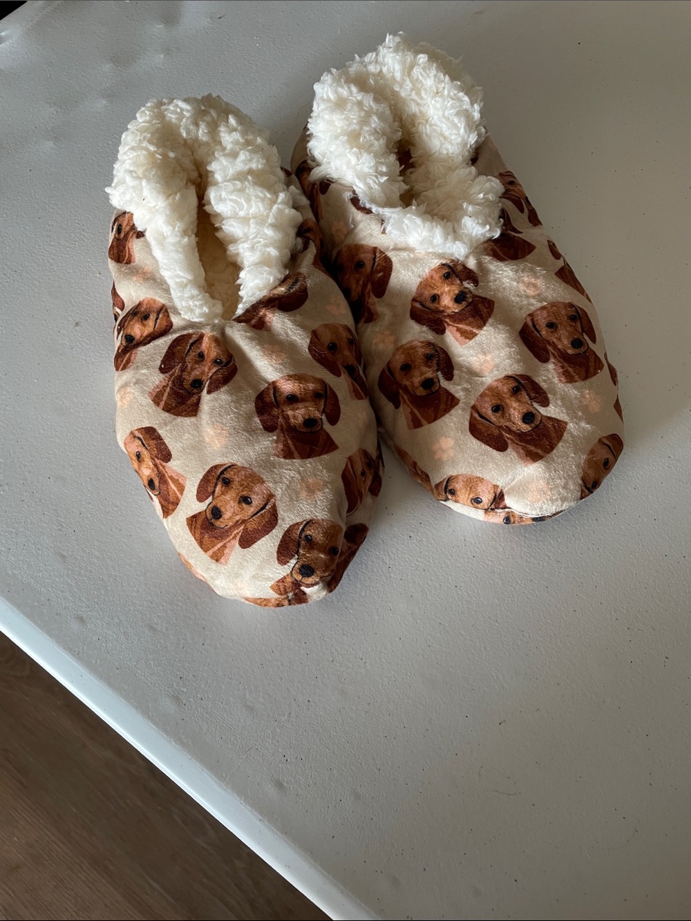 Plush Dachshund Print Slippers - Cream Brown